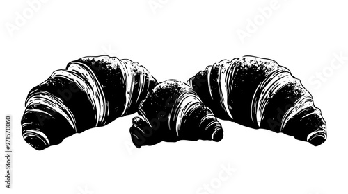 Group of three croissants, each positioned at a slight angle on a flat surface, vector illustration art