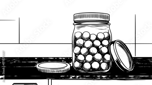 Jar filled with hard candies, lid beside it on a kitchen counter, vector illustration art
