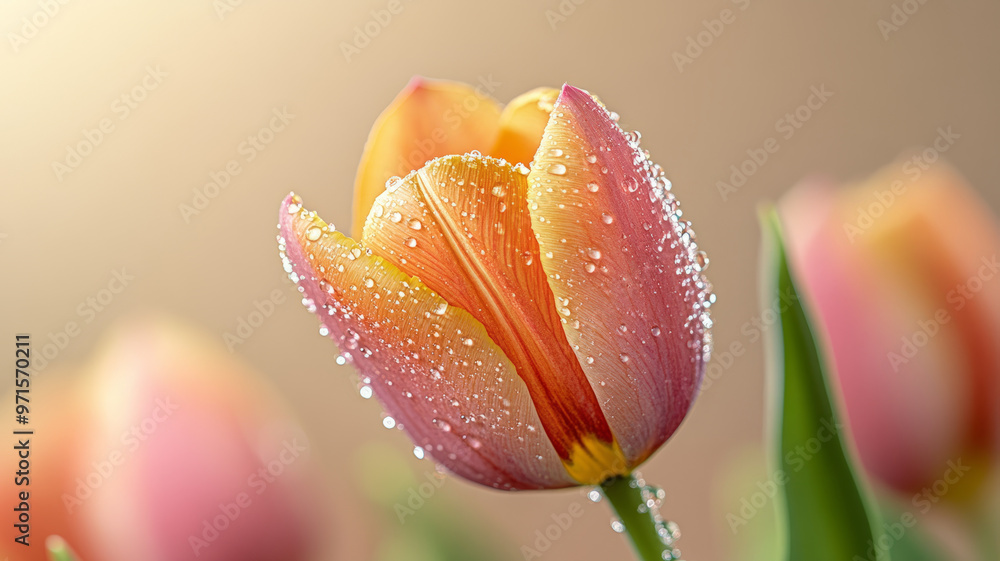 Close-up of a pink tulip with dew drops in the morning. Close-up of a pink tulip with dew drops in the morning.