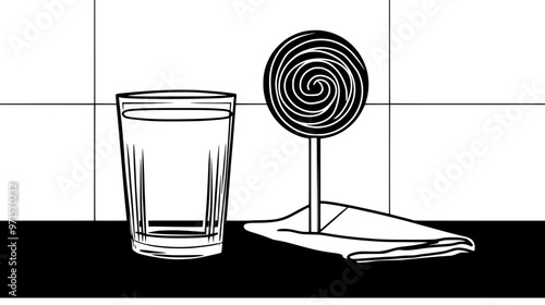 Lollipop on a napkin beside a glass of water on a kitchen counter, vector illustration art