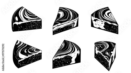 Marble cake cut into portions, showcasing detailed swirl patterns in each piece, vector illustration art