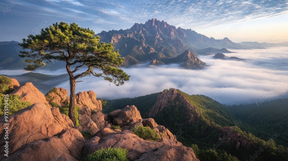 Obraz premium The sun sets behind clouds in Shandong, illuminating mountains and a foggy sea beneath. A solitary pine tree frames the scene, enhancing the tranquil beauty of the landscape