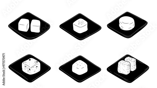 Multiple mochi portions arranged neatly on a square serving dish, vector illustration art