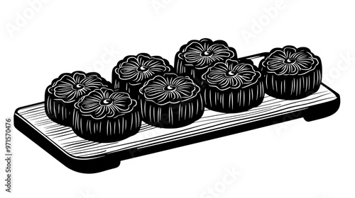 Multiple mooncakes displayed in an orderly row on a long serving board, vector illustration art