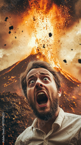 Man with shocked face witnessing volcanic eruption, expressing fear and awe