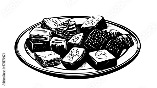 Pile of nut-based sweets in the middle of a large flat serving dish, vector illustration art