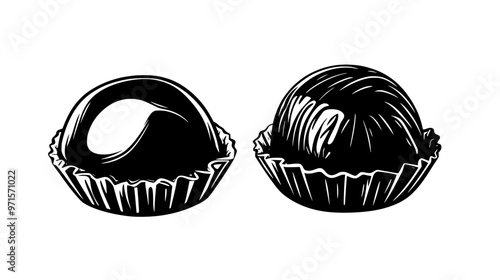 Praline-filled candy with a portion removed, exposing the inner filling, vector illustration art