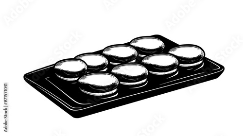 A rectangular plate displaying a line of dorayaki pancakes arranged in a row, vector illustration art