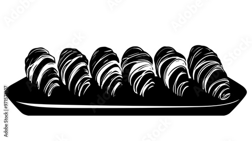Row of croissants aligned evenly on a rectangular polished tray, vector illustration art