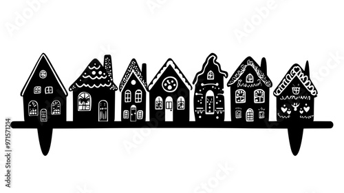 Rows of gingerbread houses displayed on a shelf for a seasonal showcase, vector illustration art