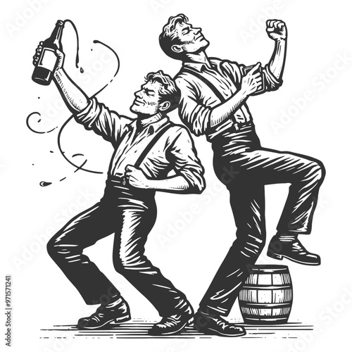 two drunk men dancing enthusiastically celebrating, with alcohol beer bottle, lively and joyful scene sketch engraving generative ai vector illustration. Scratch board imitation. Black and white image