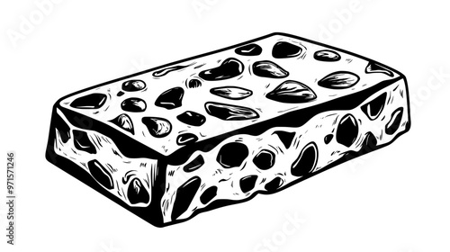 Section of hard nougat with solid, non-flexible texture and evident nut distribution, vector illustration art