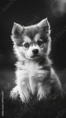 Fluffy puppy with big eyes sitting in grass, exuding charm and curiosity