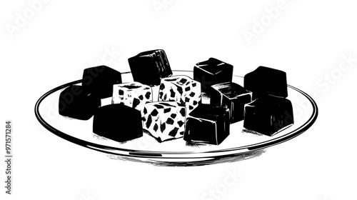 Selection of fudge pieces on a glass platter, each distinct, vector illustration art