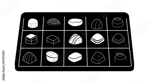 Set of chocolates in personalized shapes, organized in straight lines on a clean tray, vector illustration art