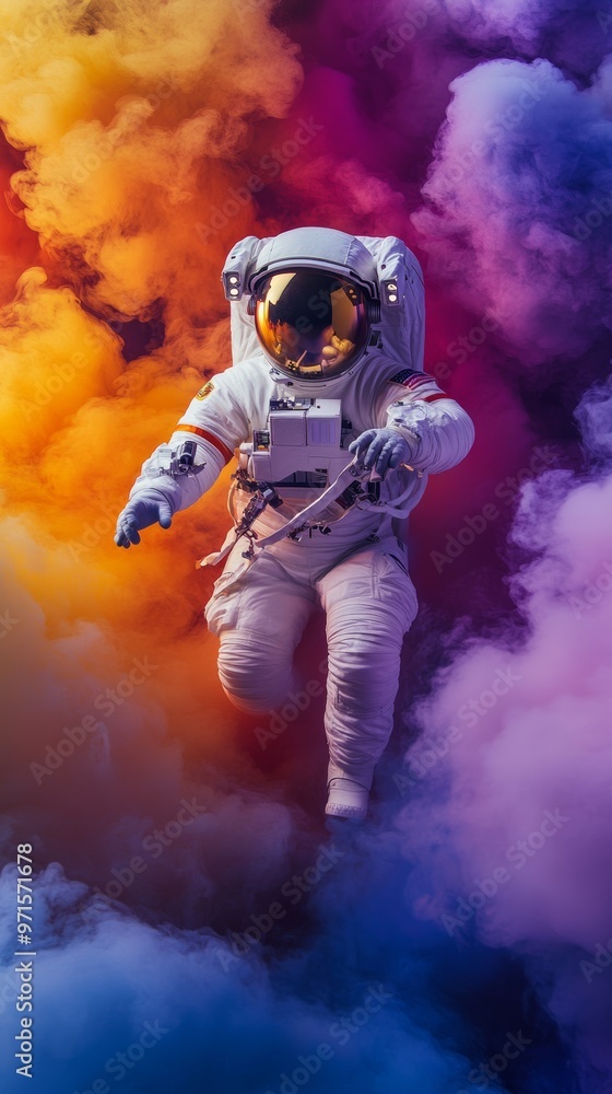 Obraz premium Astronaut floating in colorful nebula clouds