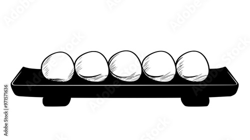 Several mochi pieces lined up in a neat row on a rectangular serving board, vector illustration art
