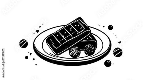 Single candy bar on a plain round plate with decorative elements nearby, vector illustration art