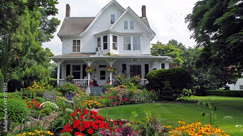 White Victorian House with Lush Flower Garden