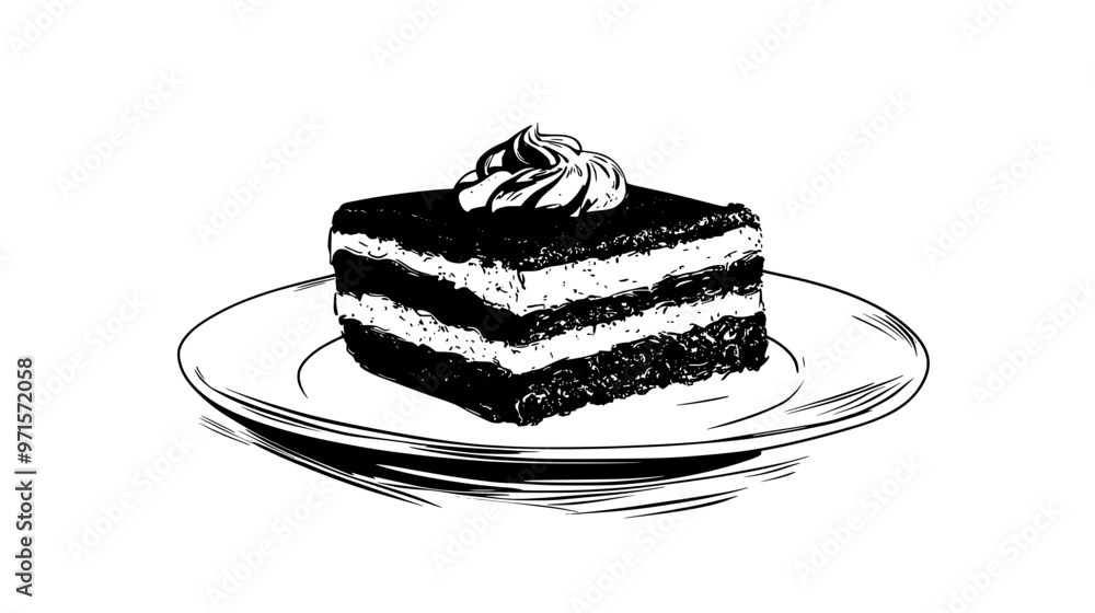 Single tiramisu portion resting on a plain surface, centered with no distractions, vector illustration art Single tiramisu portion resting on a plain surface, centered with no distractions, vector illustration art