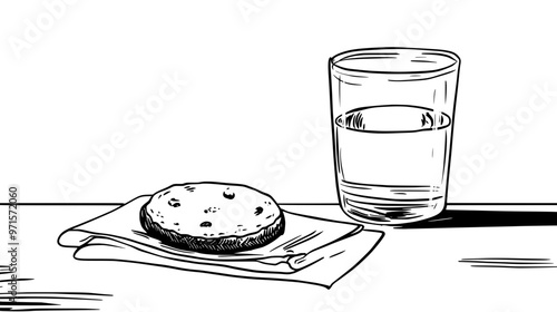 Single shortbread cookie on a napkin next to a glass on a kitchen counter, vector illustration art