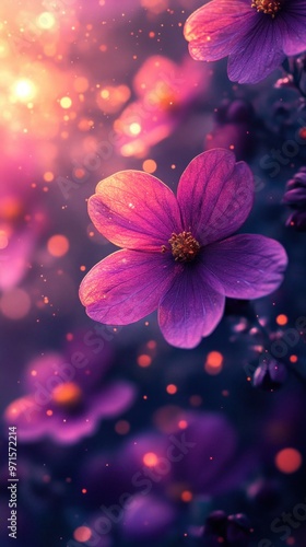 Vibrant Purple Flowers on a Shiny Dark Blue Background