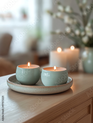 Candles on a plate for cozy interior ambiance.