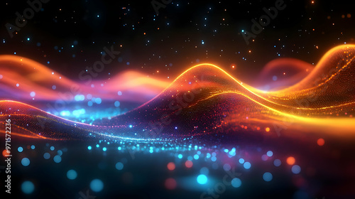 Abstract waves of vibrant colors creating a dynamic, digital landscape.