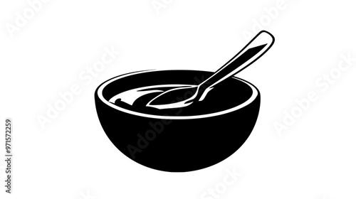 Small bowl of peanut butter with spoon inside, surface visible, vector illustration art