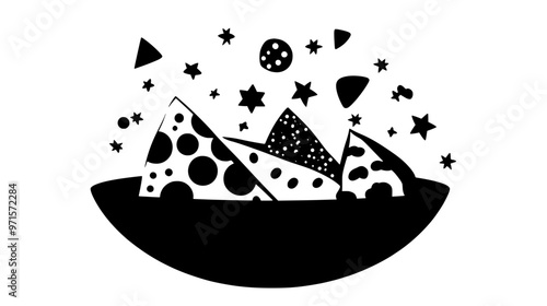 A small dish containing an assortment of cake decorations, including tiny shapes and confetti, vector illustration art