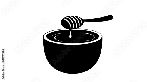 A small ceramic pot filled with honey, with a spoon dipped into the sticky substance, vector illustration art