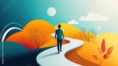 Pathway of Choices: A figure walking down a path that splits into multiple abstract roads, with each path leading to different learning experiences and personal growth