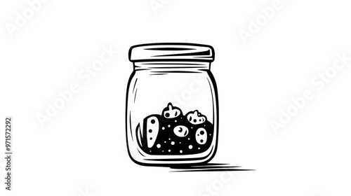 A small glass jar filled with a chunky fruit compote, resting on a clean, white table, vector illustration art