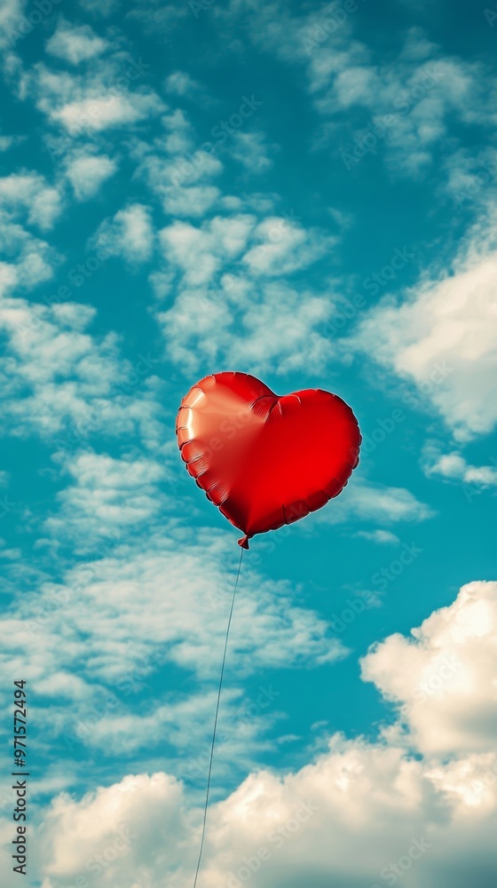 Red heart balloon floating in blue sky with white clouds Red heart balloon floating in blue sky with white clouds