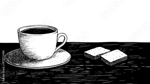 Stack of shortbread fingers beside a teacup on a wooden countertop, vector illustration art