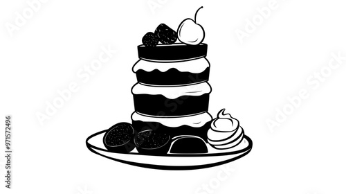 Stack of assorted desserts in a neat tower on a flat plate, vector illustration art