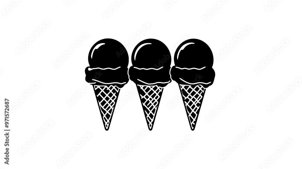 Three ice cream scoops stacked in a cone, resting on a surface with no toppings, vector illustration art Three ice cream scoops stacked in a cone, resting on a surface with no toppings, vector illustration art