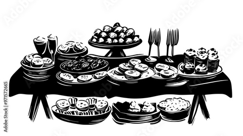 Table filled with cookie trays, prepared for an annual holiday celebration gathering, vector illustration art