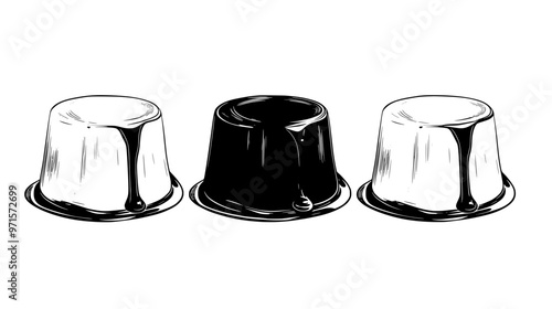 Three panna cotta desserts aligned in a row, no additional props or elements, vector illustration art