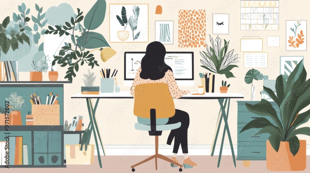 Woman working at her desk with a computer, surrounded by plants and artwork. Woman working at her desk with a computer, surrounded by plants and artwork.