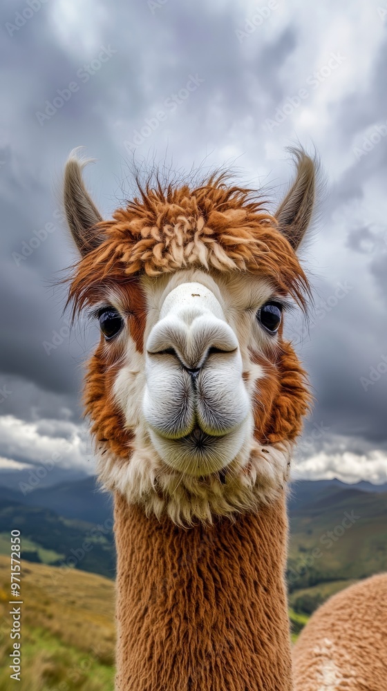 Obraz premium Brown alpaca posing with mouth closed in mountain landscape