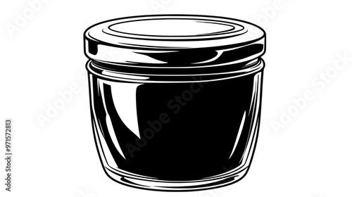 Transparent jar of sauce with metal screw-on lid on a plain surface, vector illustration art