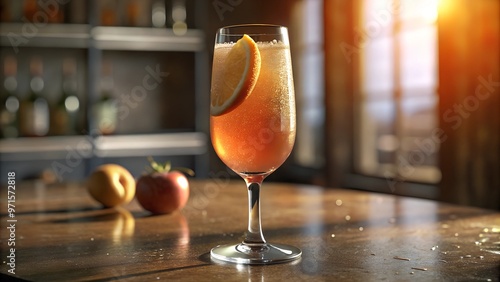 Refreshing cocktail with orange slice on wooden table in warm evening light 