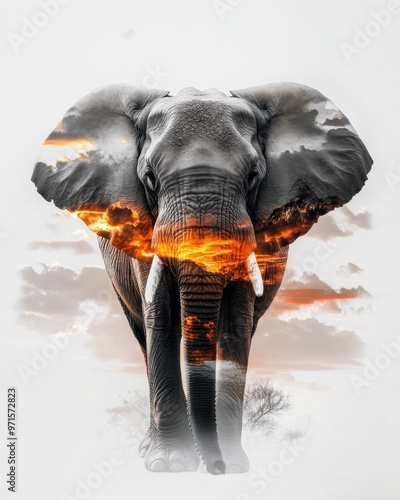 An elephant is walking through a forest with a fire in the background