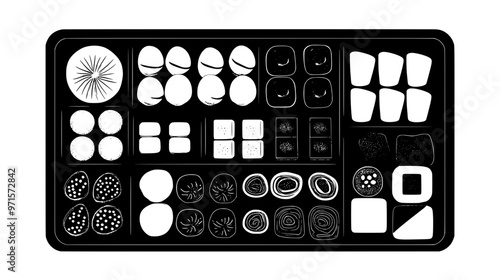 Tray filled with different kinds of Asian sweets arranged in neat rows, vector illustration art