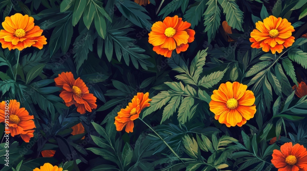 Floral pattern with orange marigolds and deep green leaves generative ai Floral pattern with orange marigolds and deep green leaves generative ai