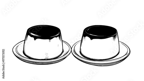 Two panna cotta desserts side by side on a neutral surface, vector illustration art