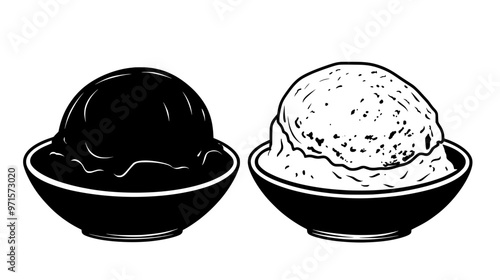 Two gelato scoops side by side in a small dish on a countertop with no utensils, vector illustration art