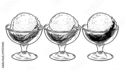 Vanilla ice cream scoops in a glass dish without any sauces or toppings, vector illustration art