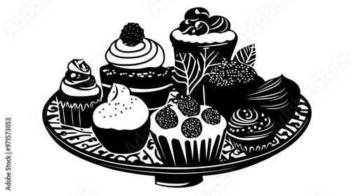 Sweet pastries and confections on a decorative serving plate, vector illustration art